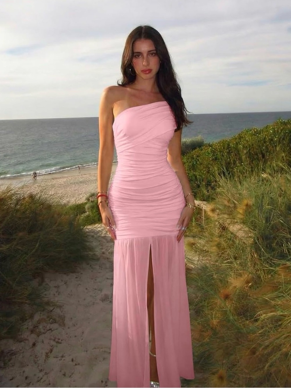 One-Shoulder Pink Ruched Evening Dress